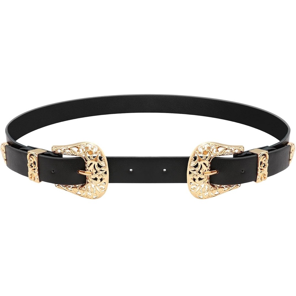 Elegant Black Belt with Gold Buckles